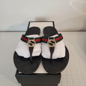 GUCCI WEB STRAP LOGO WOMEN'S FLIP FLOP THONG SANDALS SIZE 7.5